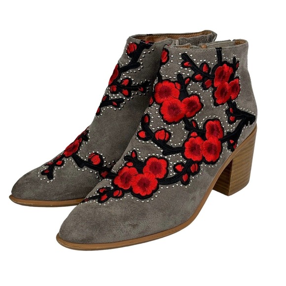 Jeffrey Campbell Shoes - Jeffrey Campbell Embroidered Boot Suede Sz 8 Tan Cherry Blossom Booties Studded